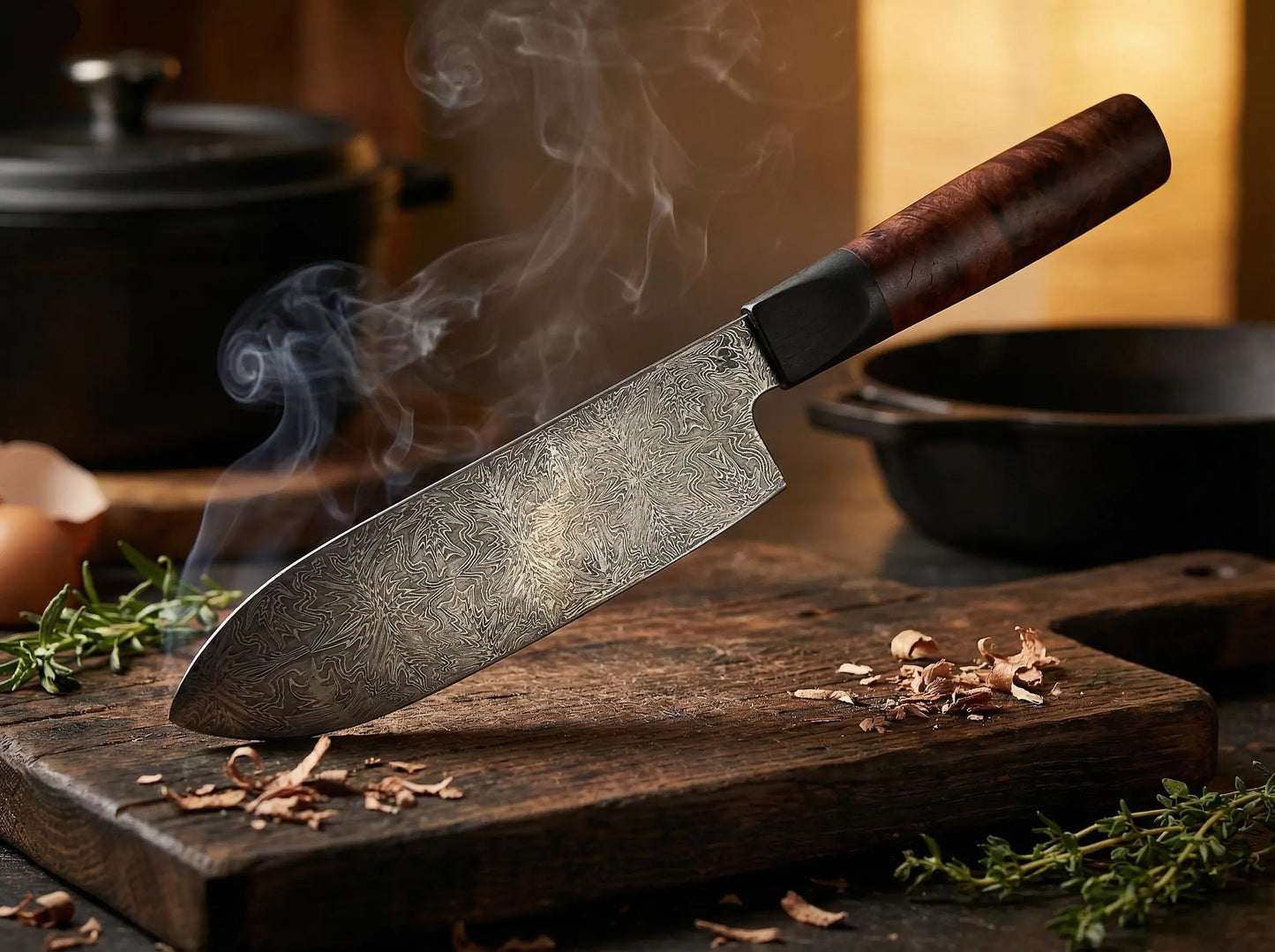 Detailaufnahme vom Mosaik Santoku mit breiter Klinge und Damastmuster