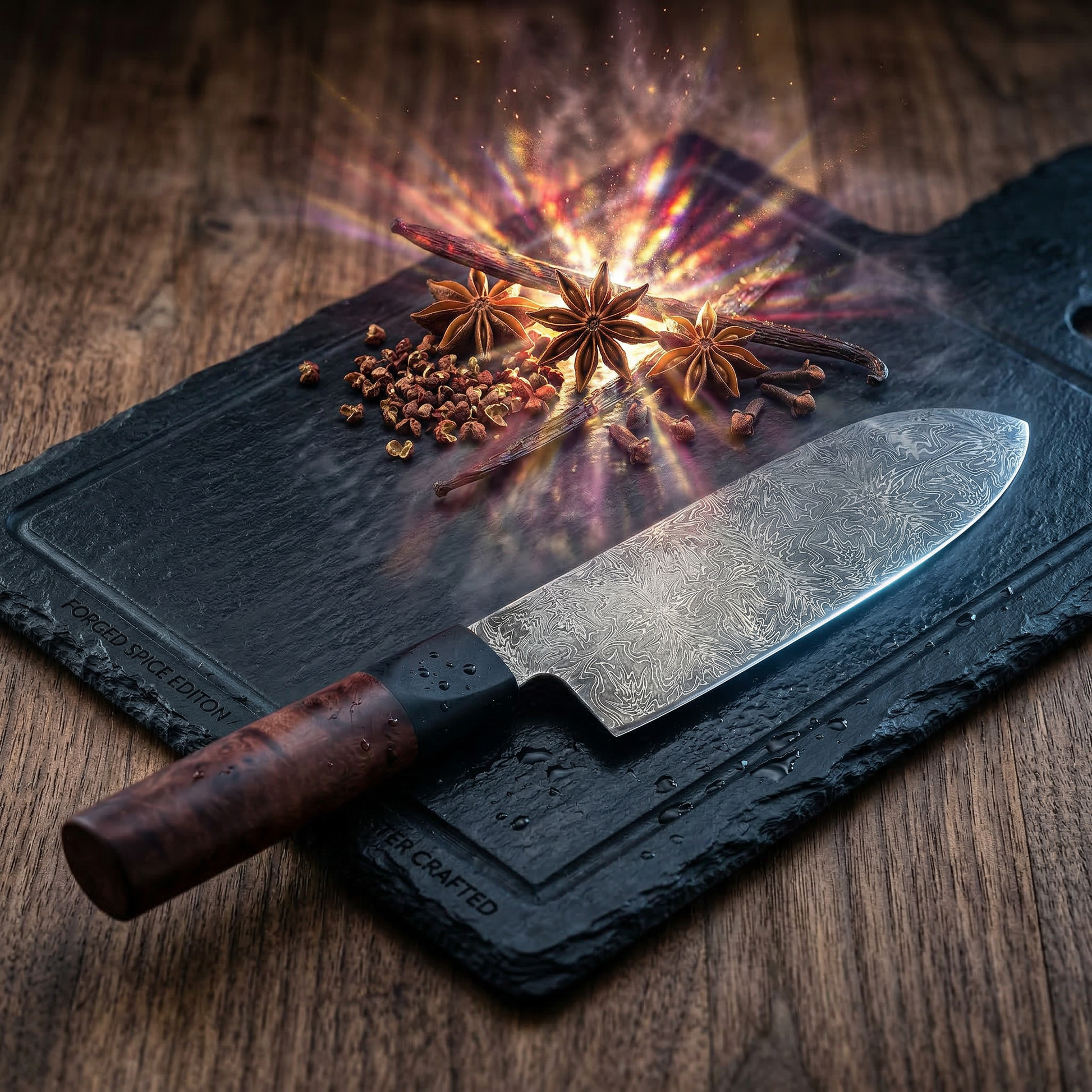 Detailaufnahme vom Mosaik Santoku mit breiter Klinge und Damastmuster