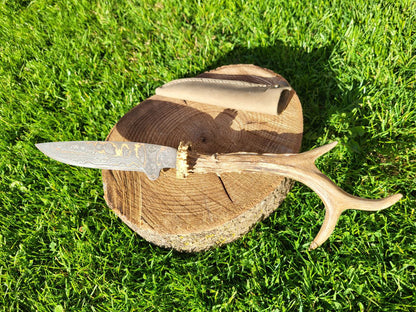 Jagdnicker aus Kupfer-Damast mit Geweihgriff