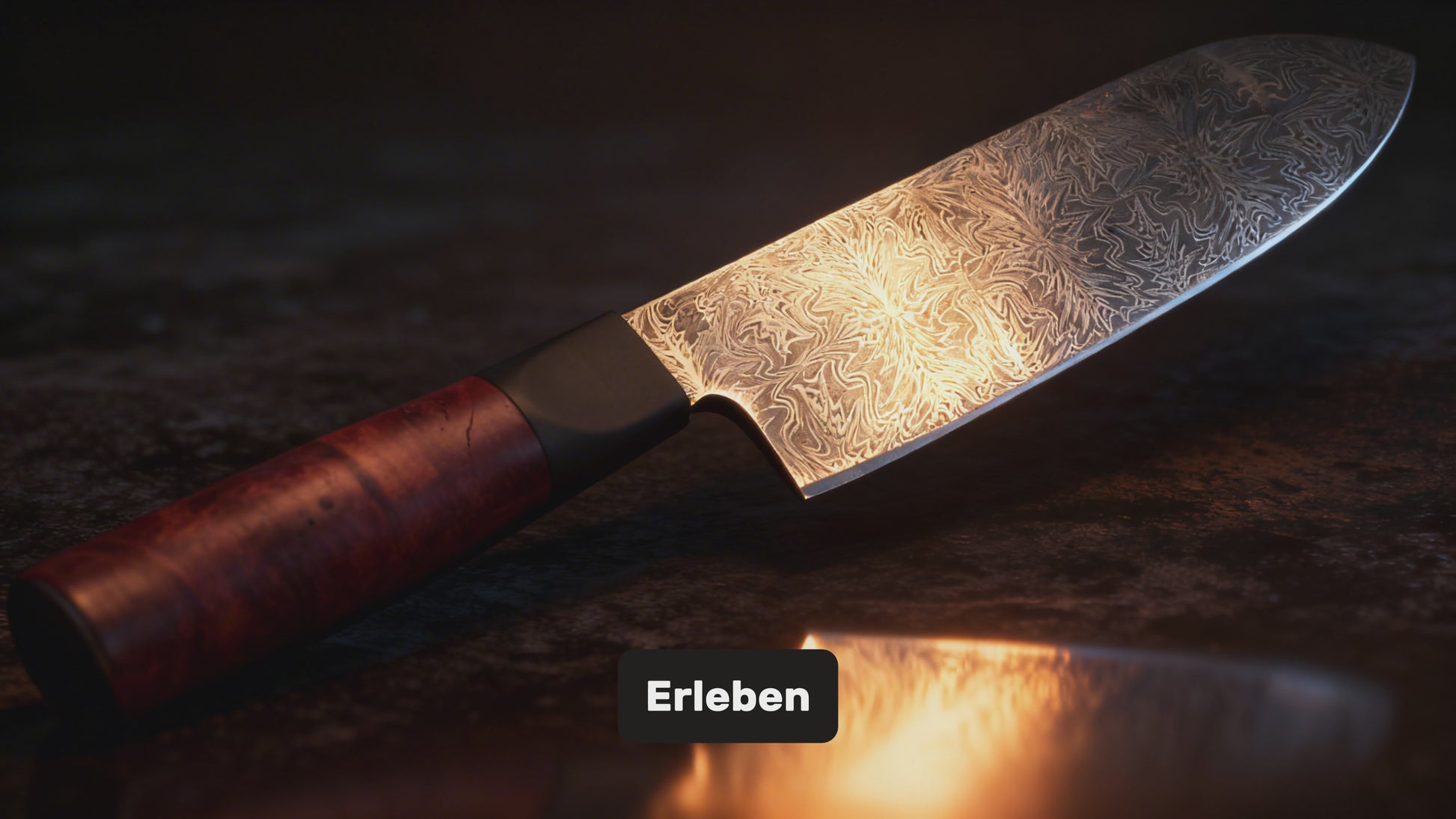 Detailaufnahme vom Mosaik Santoku mit breiter Klinge und Damastmuster